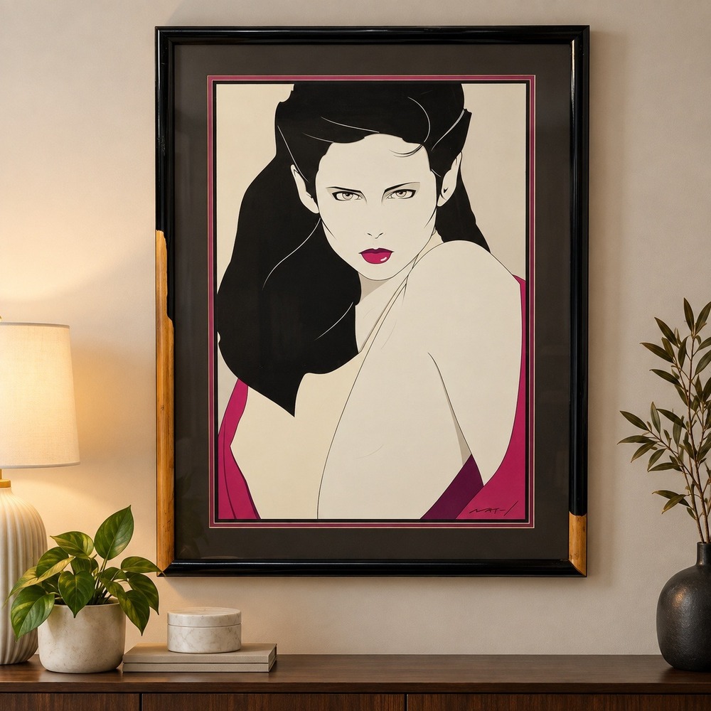 Vintage Patrick Nagel Framed Art Print 80s Pop Art Minimalist Woman 37x27